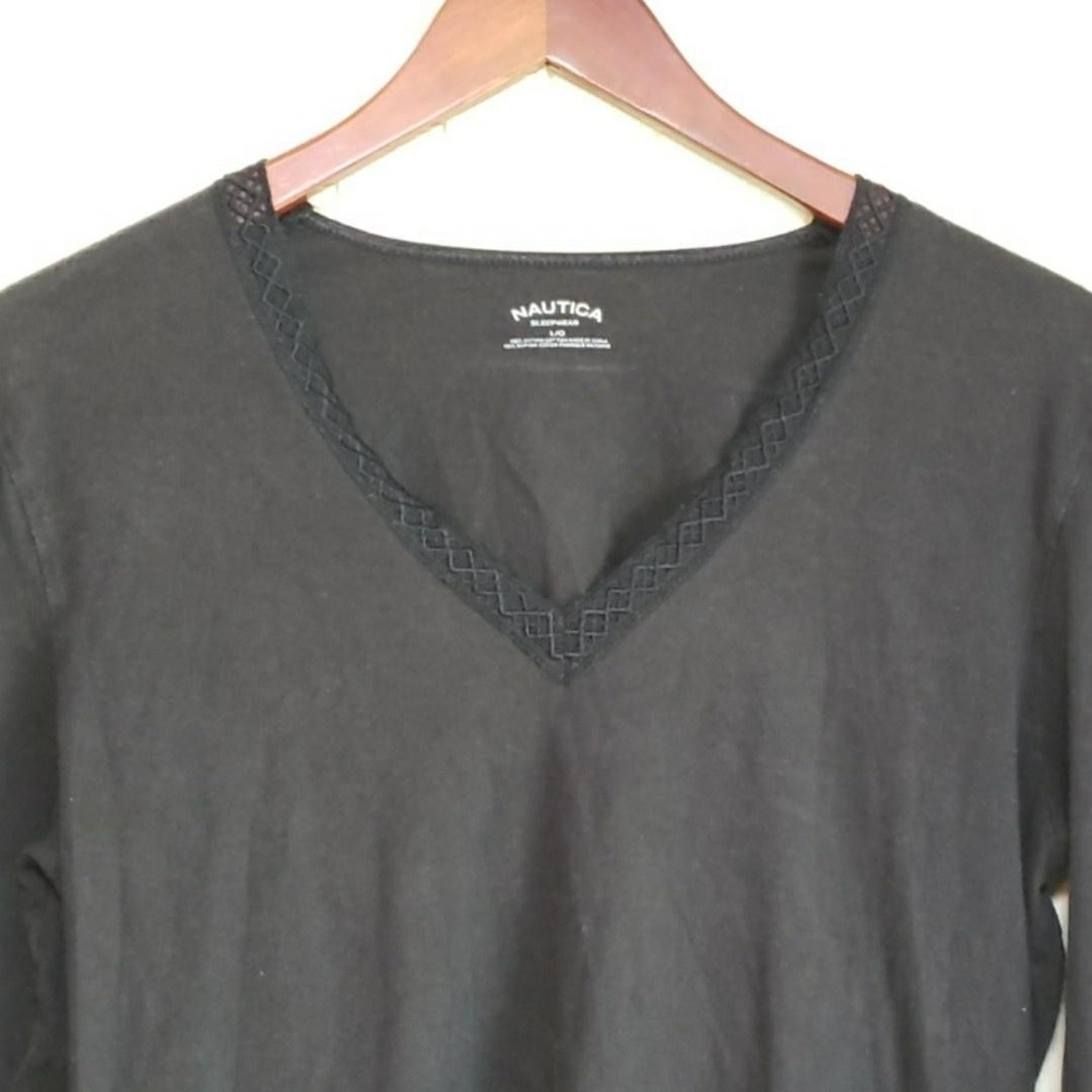 Nautica Pajama Top Womens Large Black Supima Cotton V Neck Long Sleeve Sleepwear